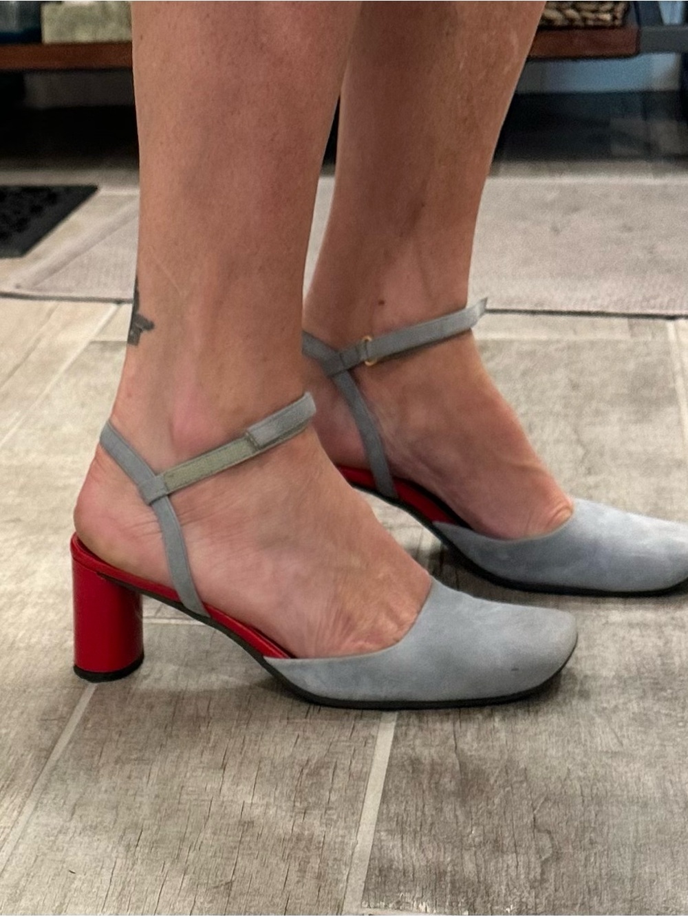 DKNY Women’s light blue Suede Slingback Pumps with Red Block Heel